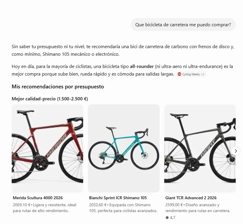 Recomendación de ChatGPT en una consulta sobre bicicletas